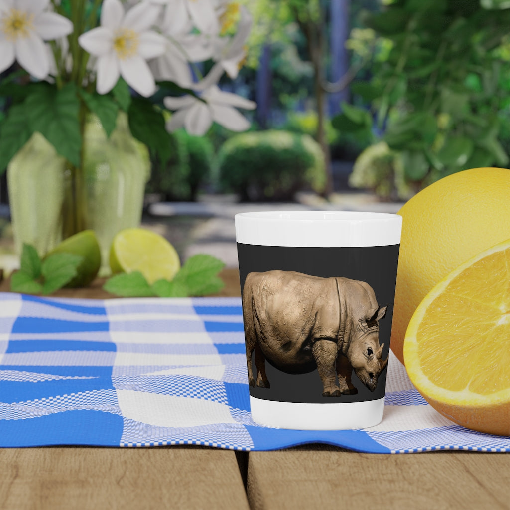 Personalized Rhino Shot Glass with white ceramic and customizable interior options.