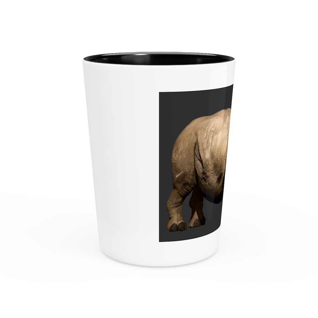 Personalized Rhino Shot Glass with white ceramic and customizable interior options.