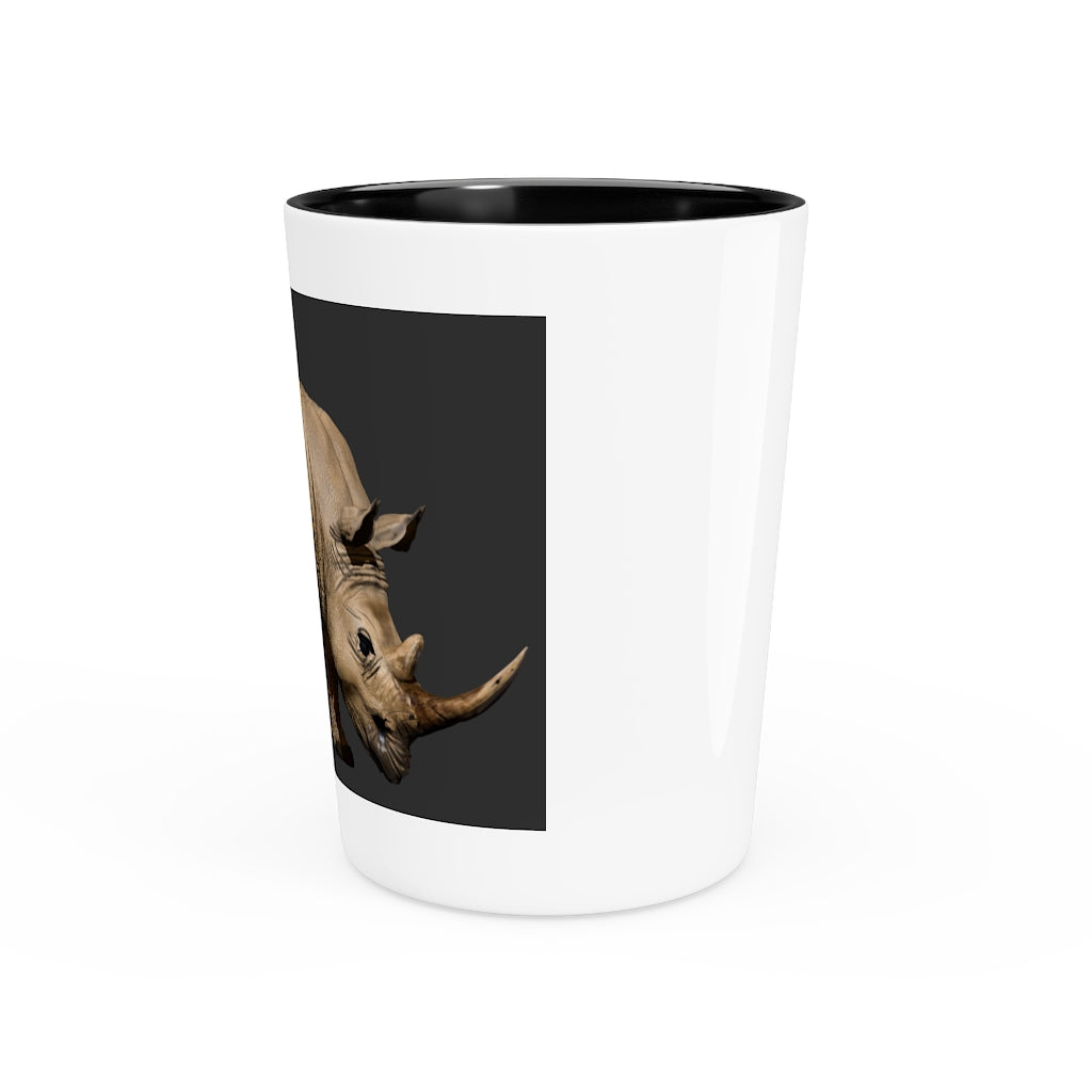 Personalized Rhino Shot Glass with white ceramic and customizable interior options.