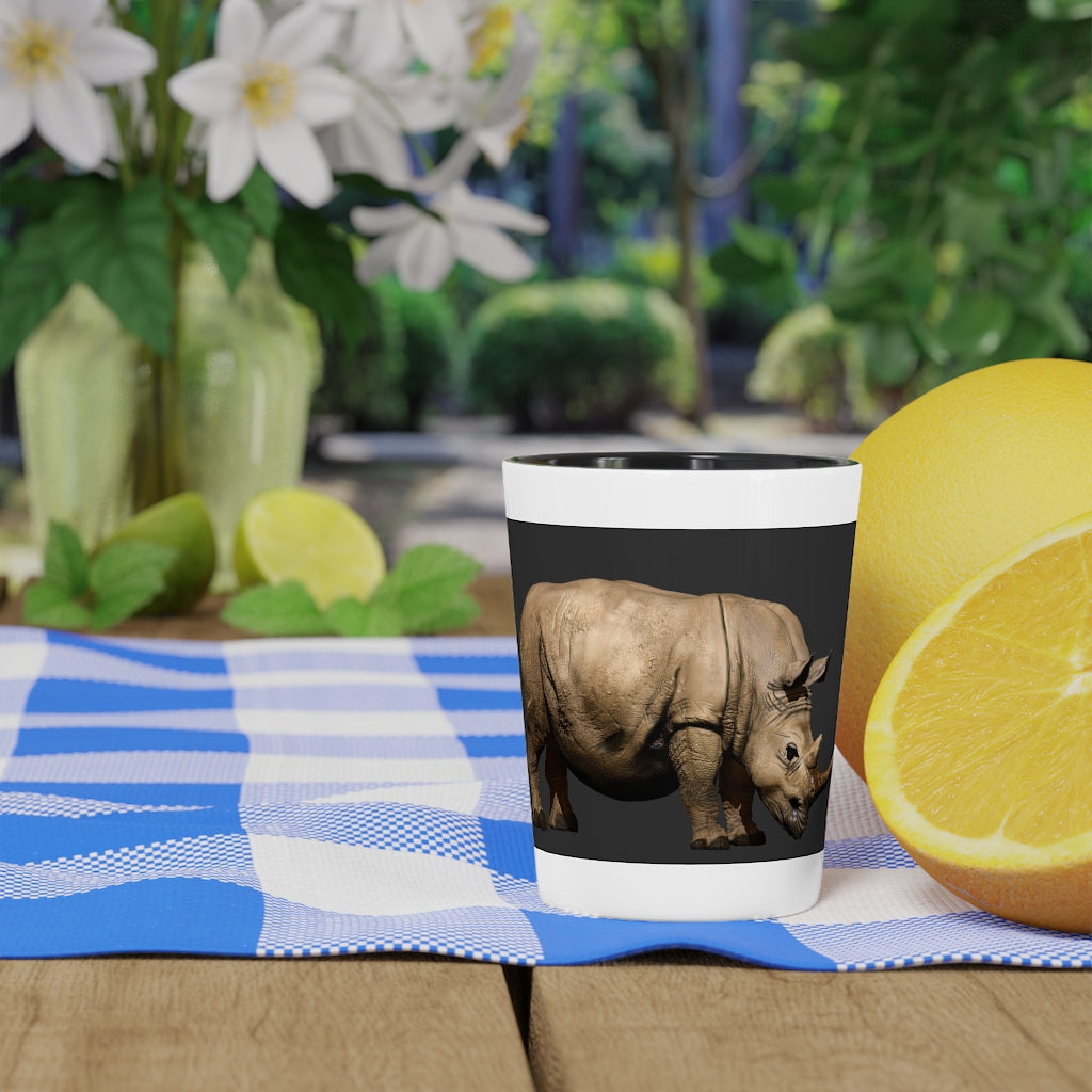 Personalized Rhino Shot Glass with white ceramic and customizable interior options.