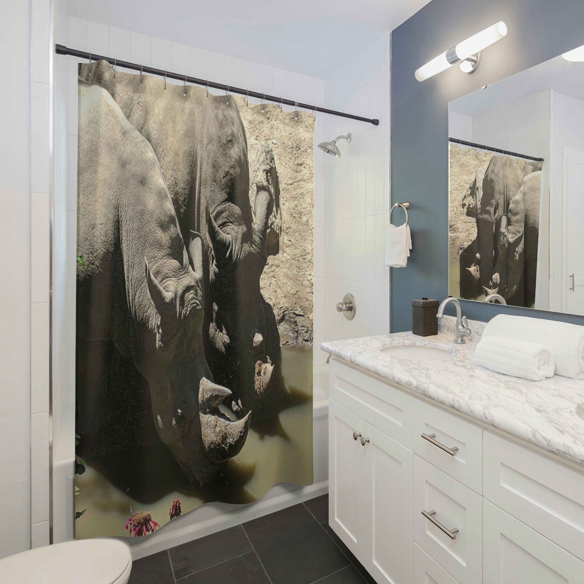 A vibrant Rhino Shower Curtain made of durable polyester, showcasing a unique design perfect for bathroom decor.