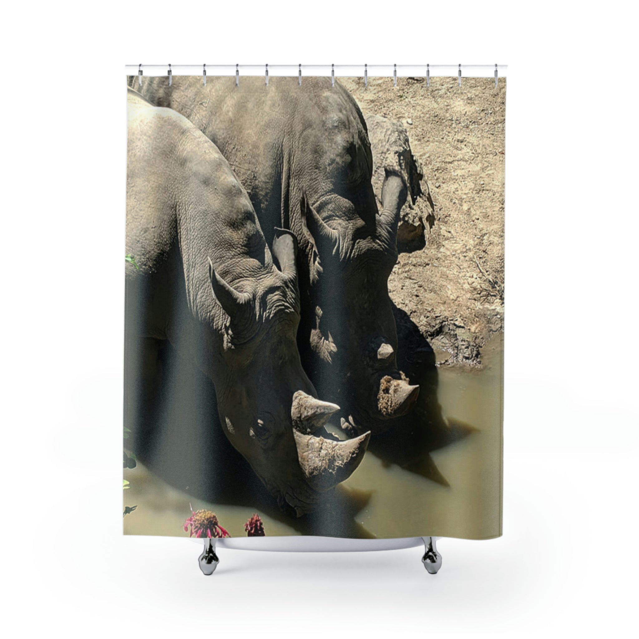 A vibrant Rhino Shower Curtain made of durable polyester, showcasing a unique design perfect for bathroom decor.