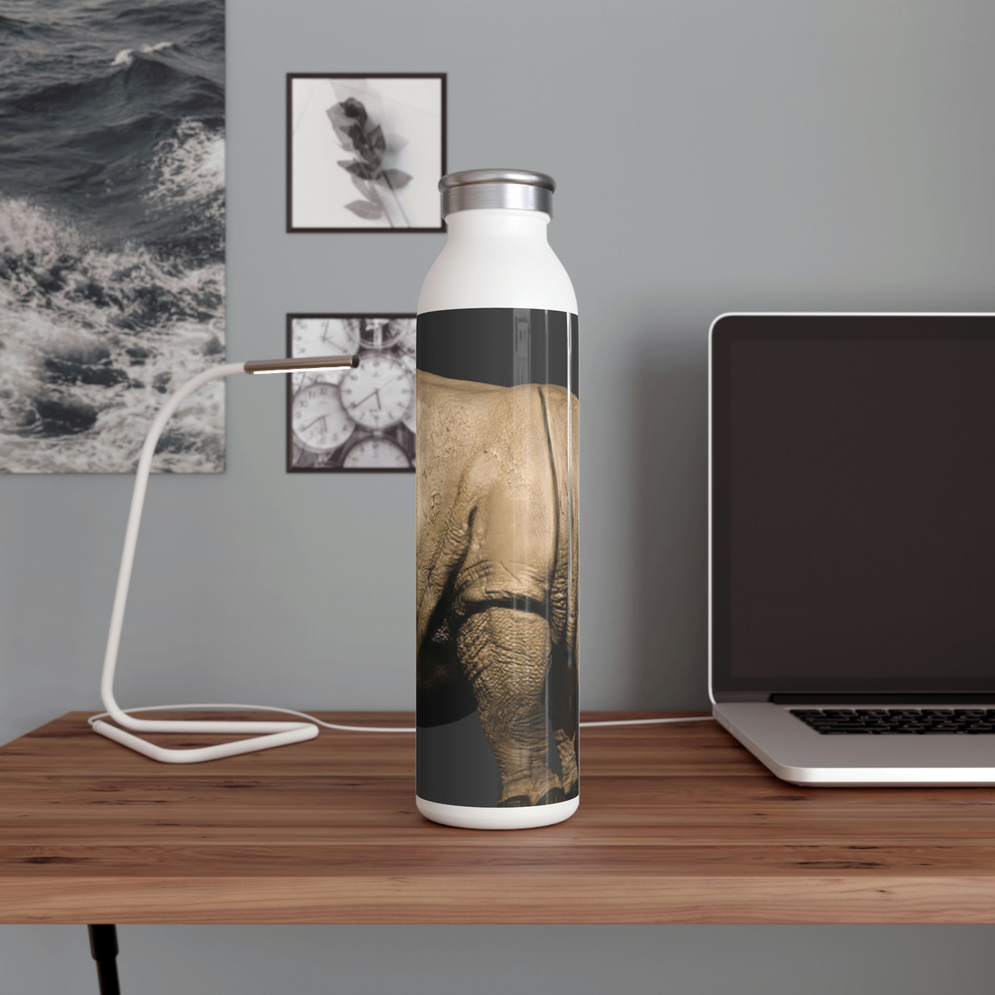 Rhino Slim Water Bottle with matte finish and silver cap, showcasing customizable design options.