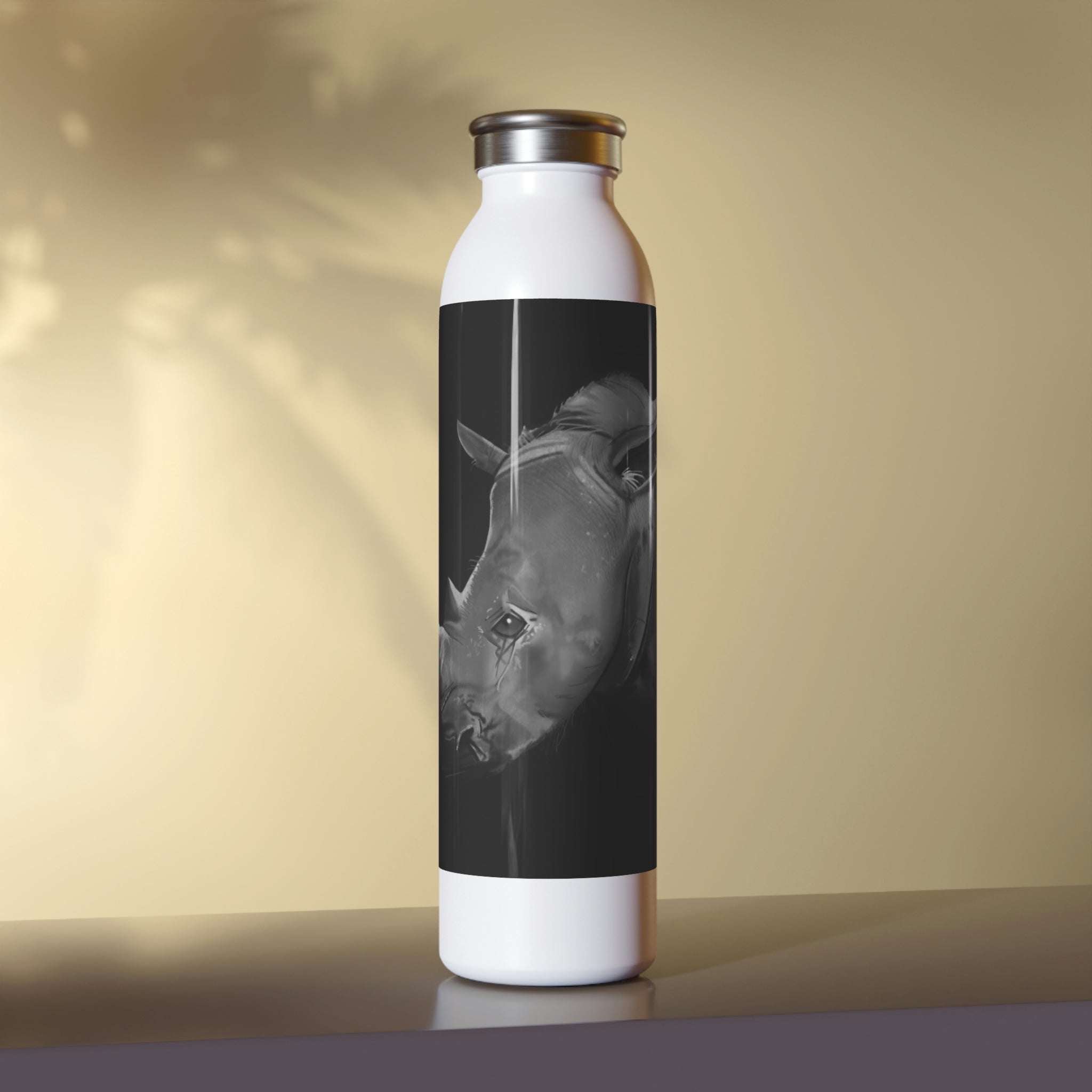 Rhino Slim Water Bottle in matte finish with stylish lid and glossy print design.