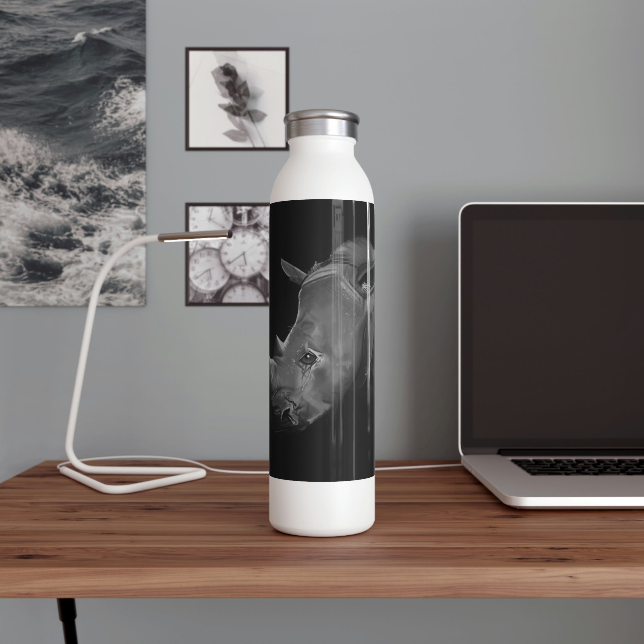 Rhino Slim Water Bottle in matte finish with stylish lid and glossy print design.