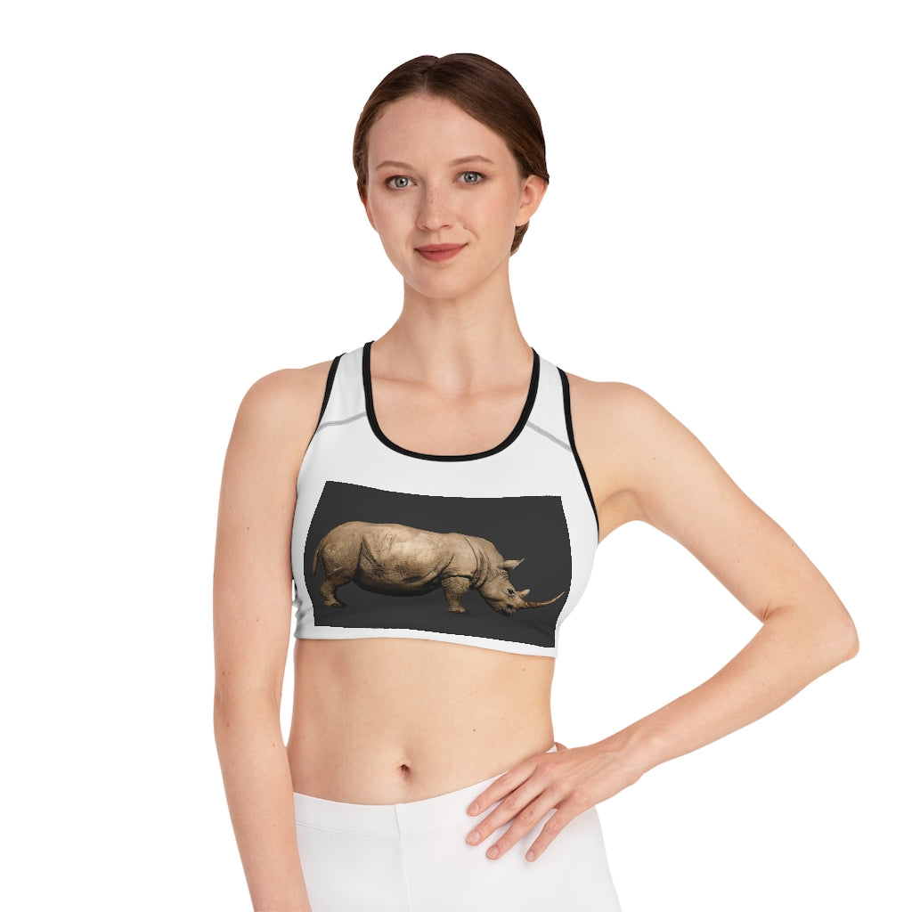 Rhino Sports Bra featuring customizable all-over print design, compression fit, and double-layer front for enhanced support and comfort.