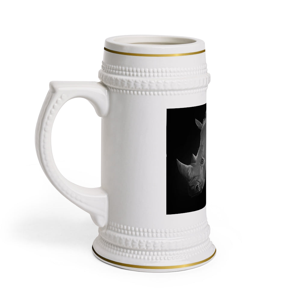 Rhino Stein Mug made of durable white ceramic with ribbed outlines, perfect for custom designs.