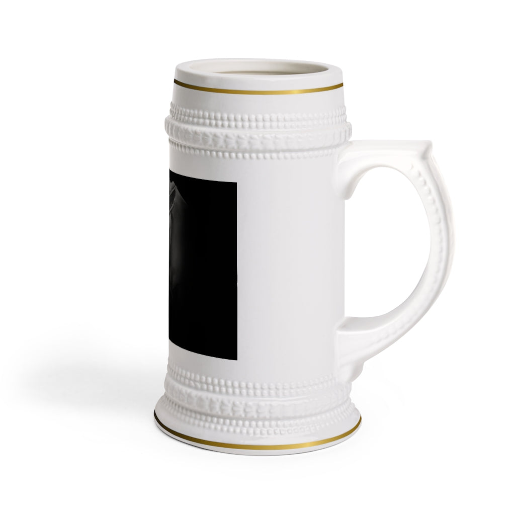 Rhino Stein Mug made of durable white ceramic with ribbed outlines, perfect for custom designs.