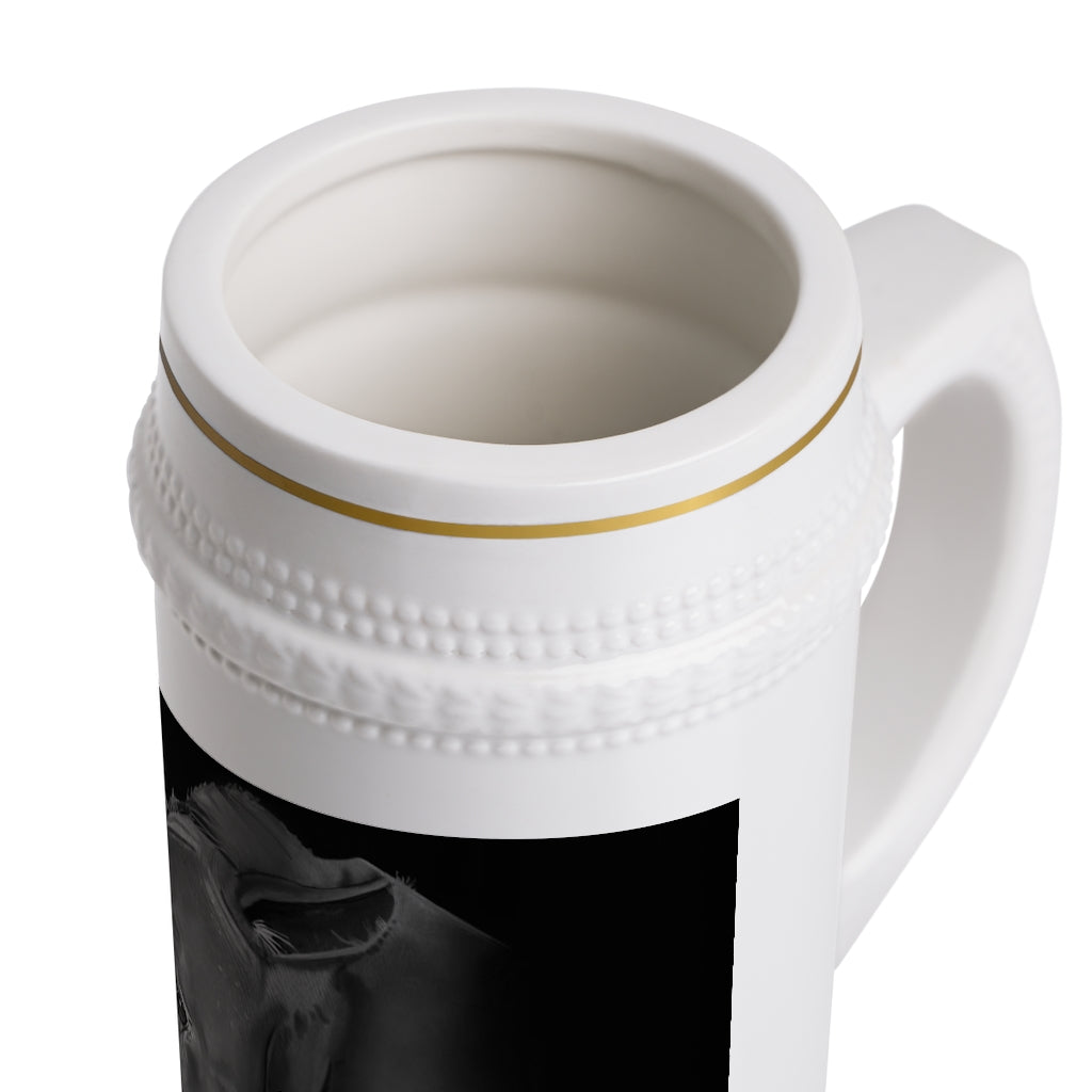 Rhino Stein Mug made of durable white ceramic with ribbed outlines, perfect for custom designs.