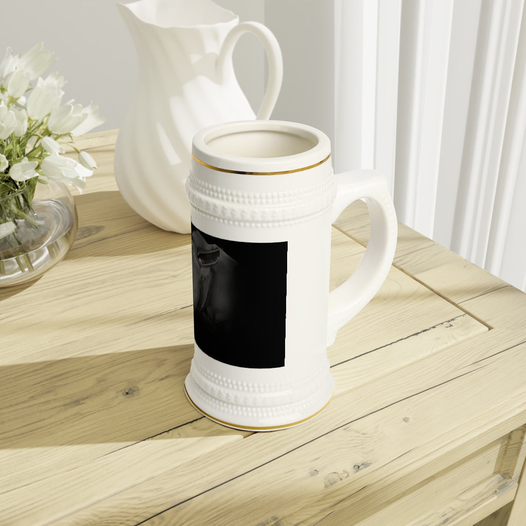 Rhino Stein Mug made of durable white ceramic with ribbed outlines, perfect for custom designs.