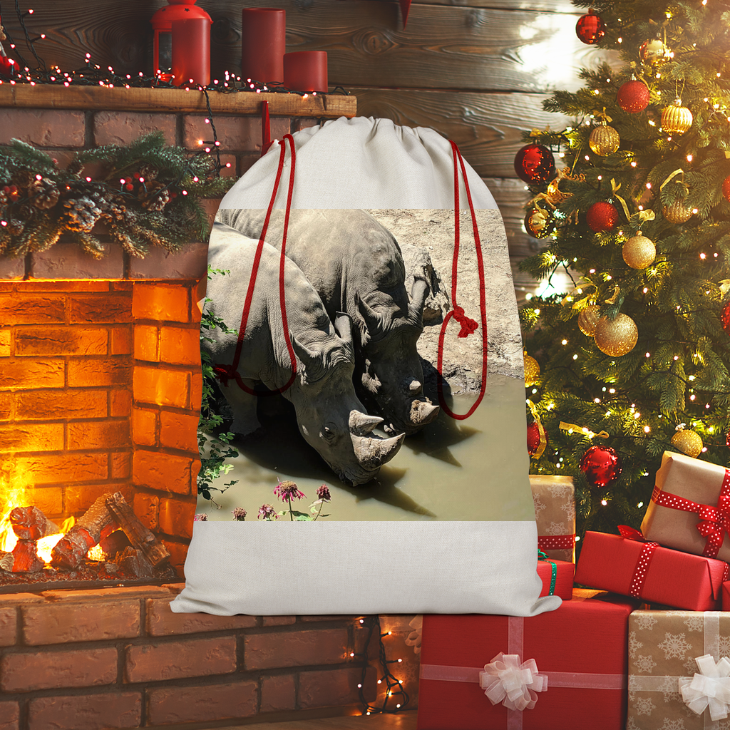 Rhino Sublimation Linen Drawstring Sack with red drawstring, featuring eco-friendly printed design, ideal for Christmas gifts and laundry.