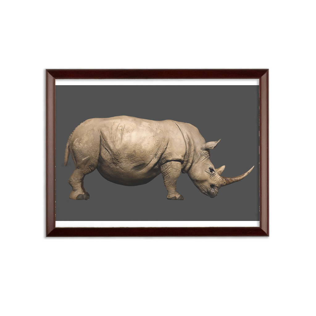 Rhino Sublimation Wall Plaque with brown wooden frame and white printable surface, showcasing customizable design options.