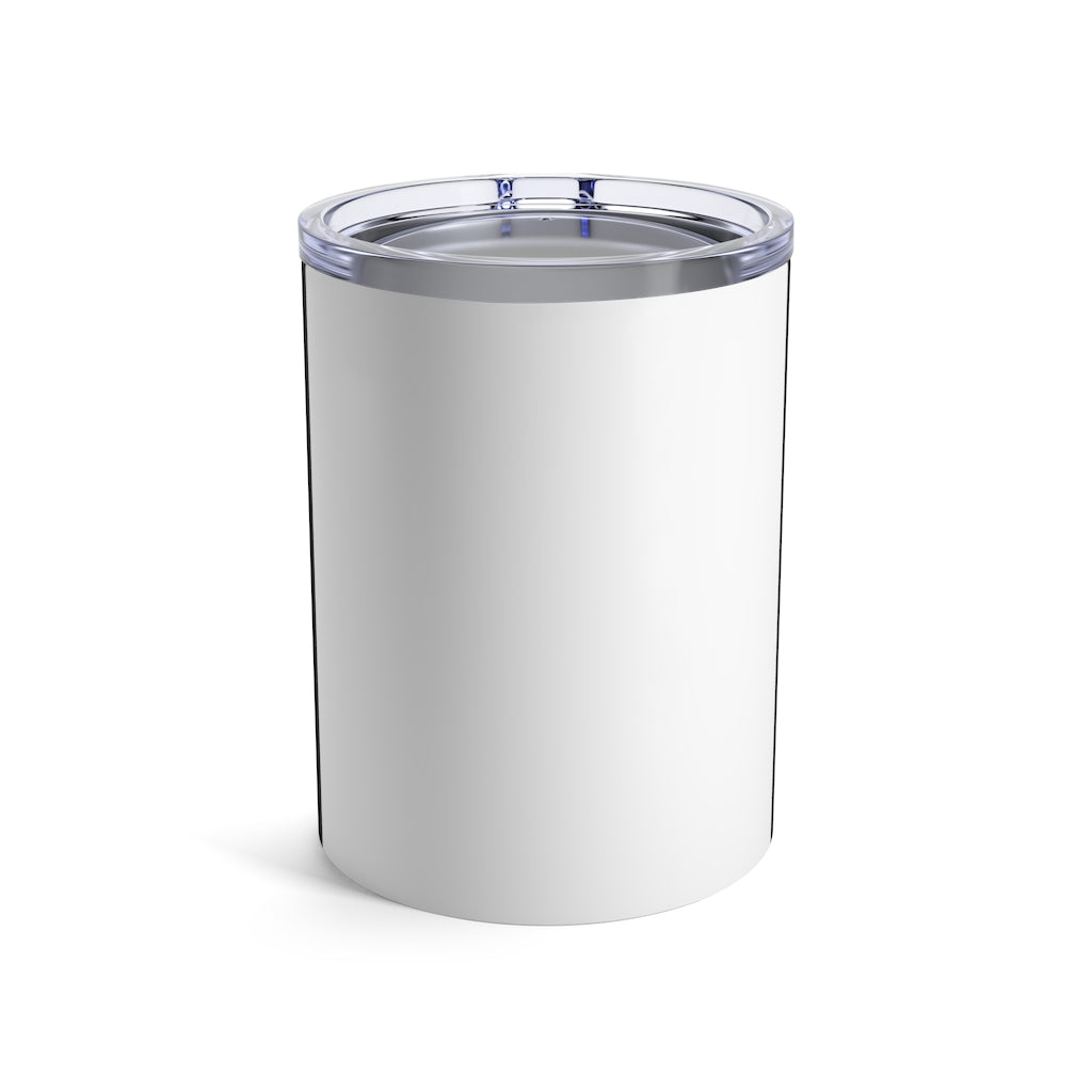 Rhino Tumbler 10oz in stainless steel with a see-thru plastic lid, showcasing its sleek design and rounded corners.