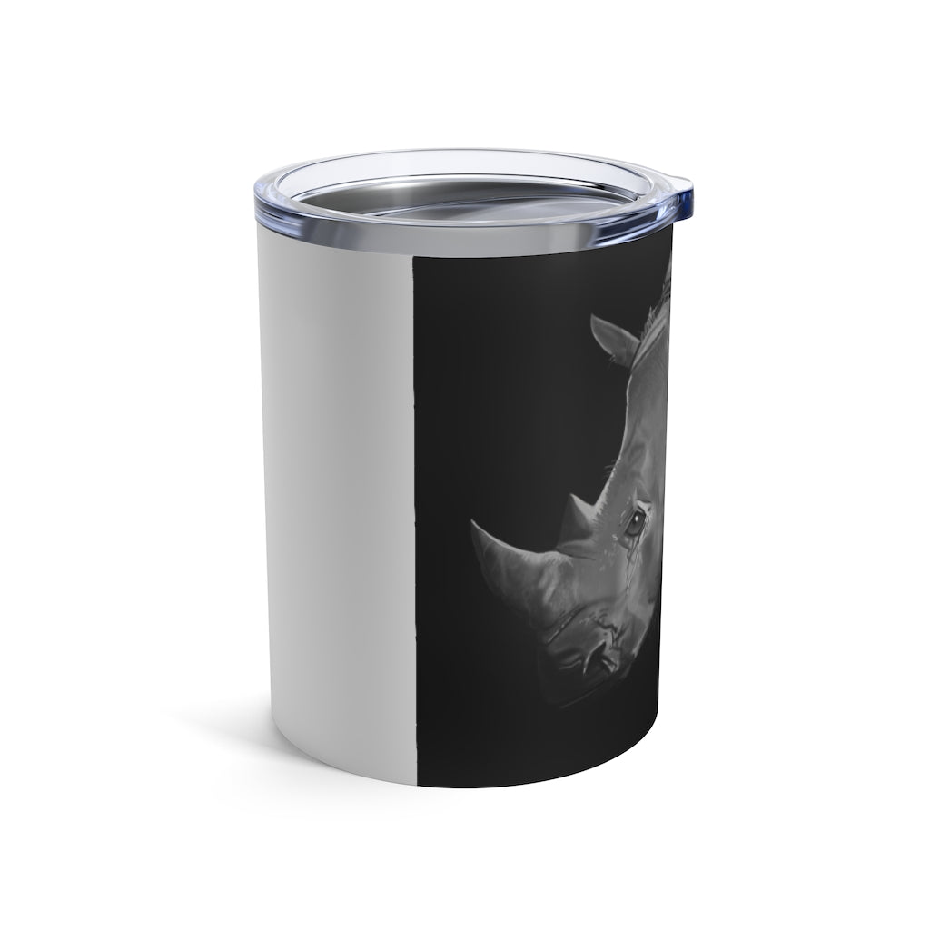 Rhino Tumbler 10oz in stainless steel with a see-thru plastic lid, showcasing its sleek design and rounded corners.