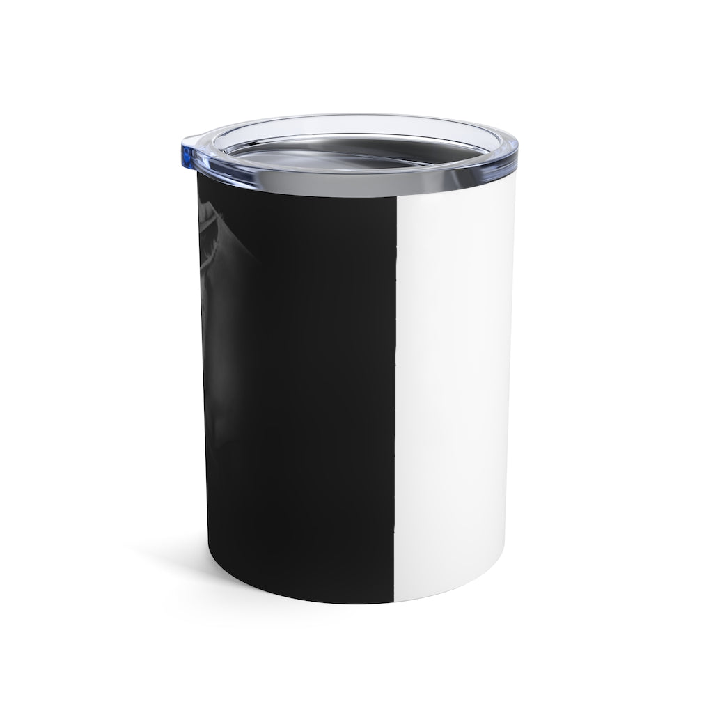 Rhino Tumbler 10oz in stainless steel with a see-thru plastic lid, showcasing its sleek design and rounded corners.