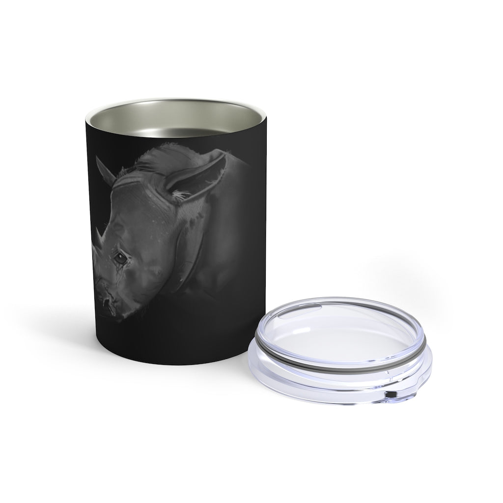 Rhino Tumbler 10oz in stainless steel with a see-thru plastic lid, showcasing its sleek design and rounded corners.