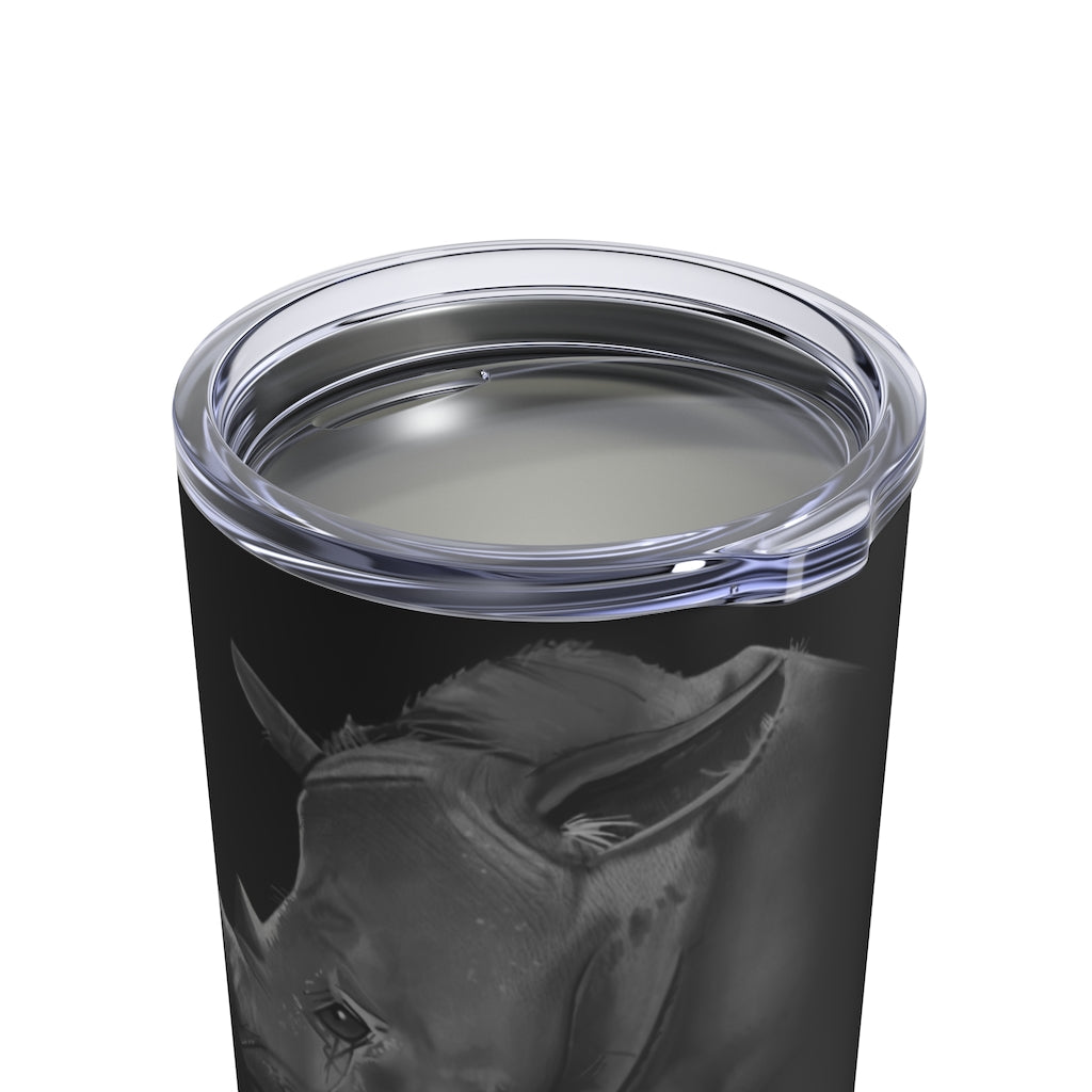 Rhino Tumbler 10oz in stainless steel with a see-thru plastic lid, showcasing its sleek design and rounded corners.