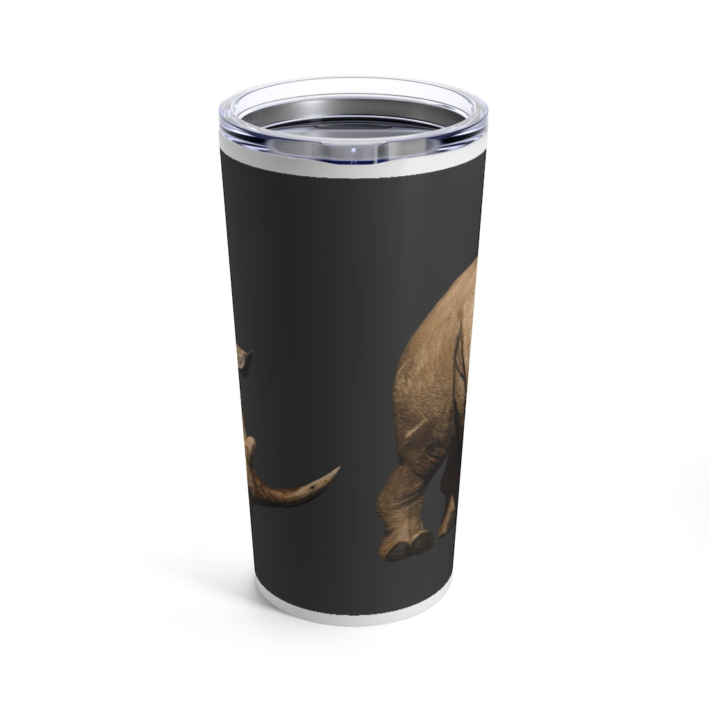 Rhino Tumbler 20oz in stainless steel with a see-thru plastic lid, showcasing its sleek design and rounded corners.