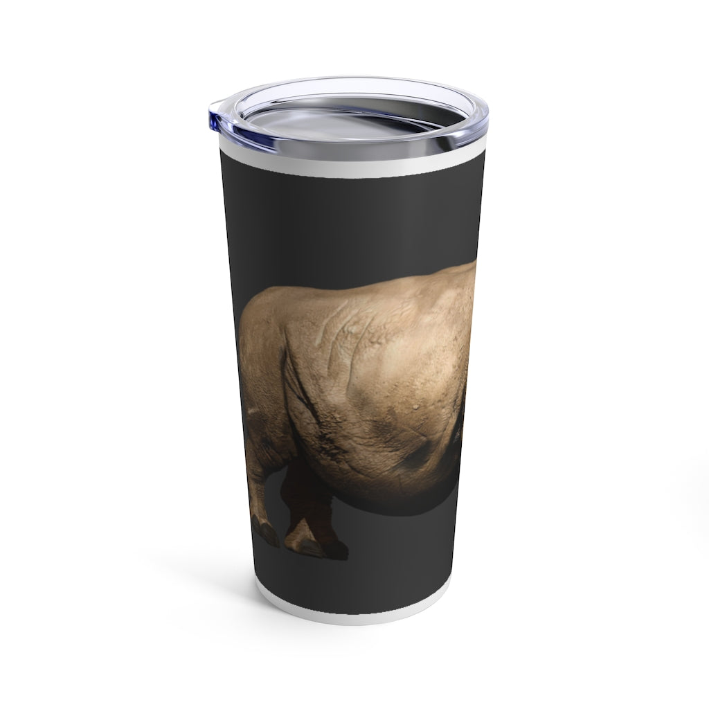 Rhino Tumbler 20oz in stainless steel with a see-thru plastic lid, showcasing its sleek design and rounded corners.