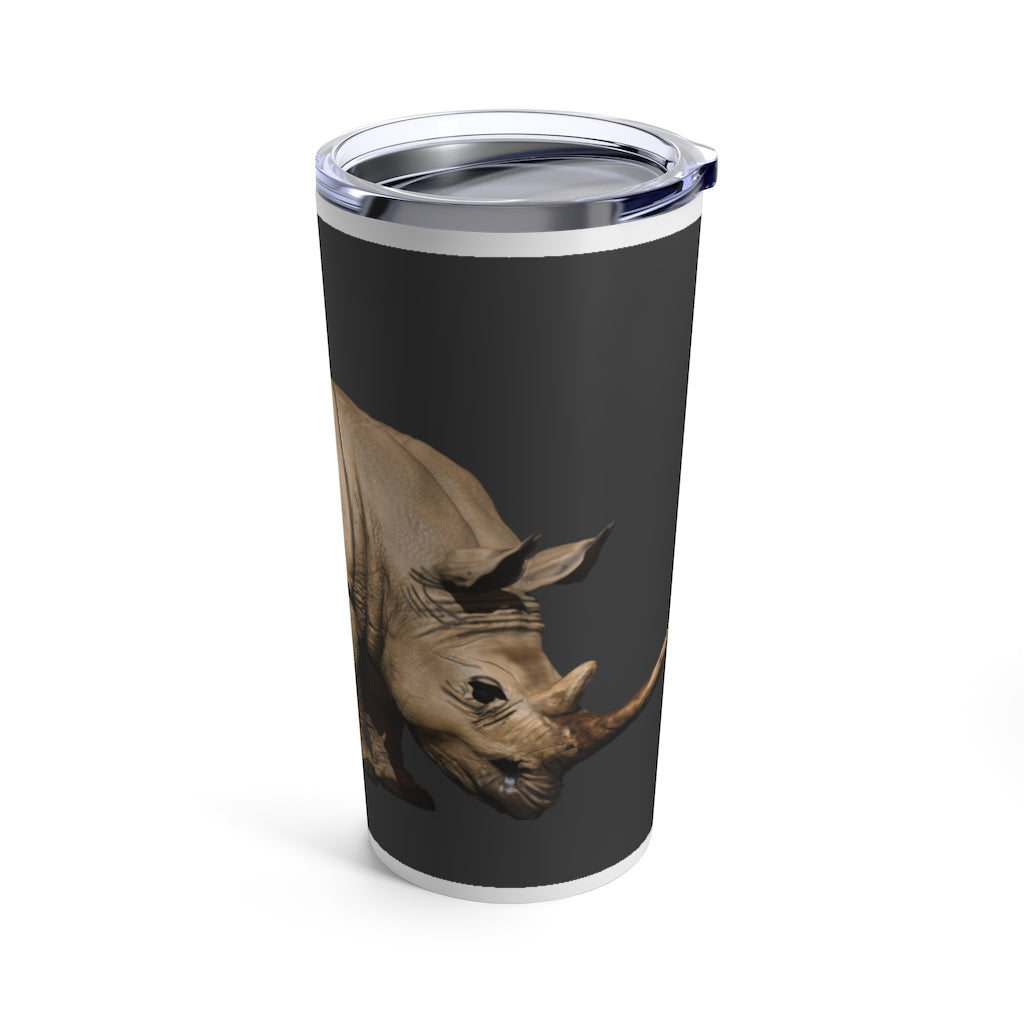 Rhino Tumbler 20oz in stainless steel with a see-thru plastic lid, showcasing its sleek design and rounded corners.