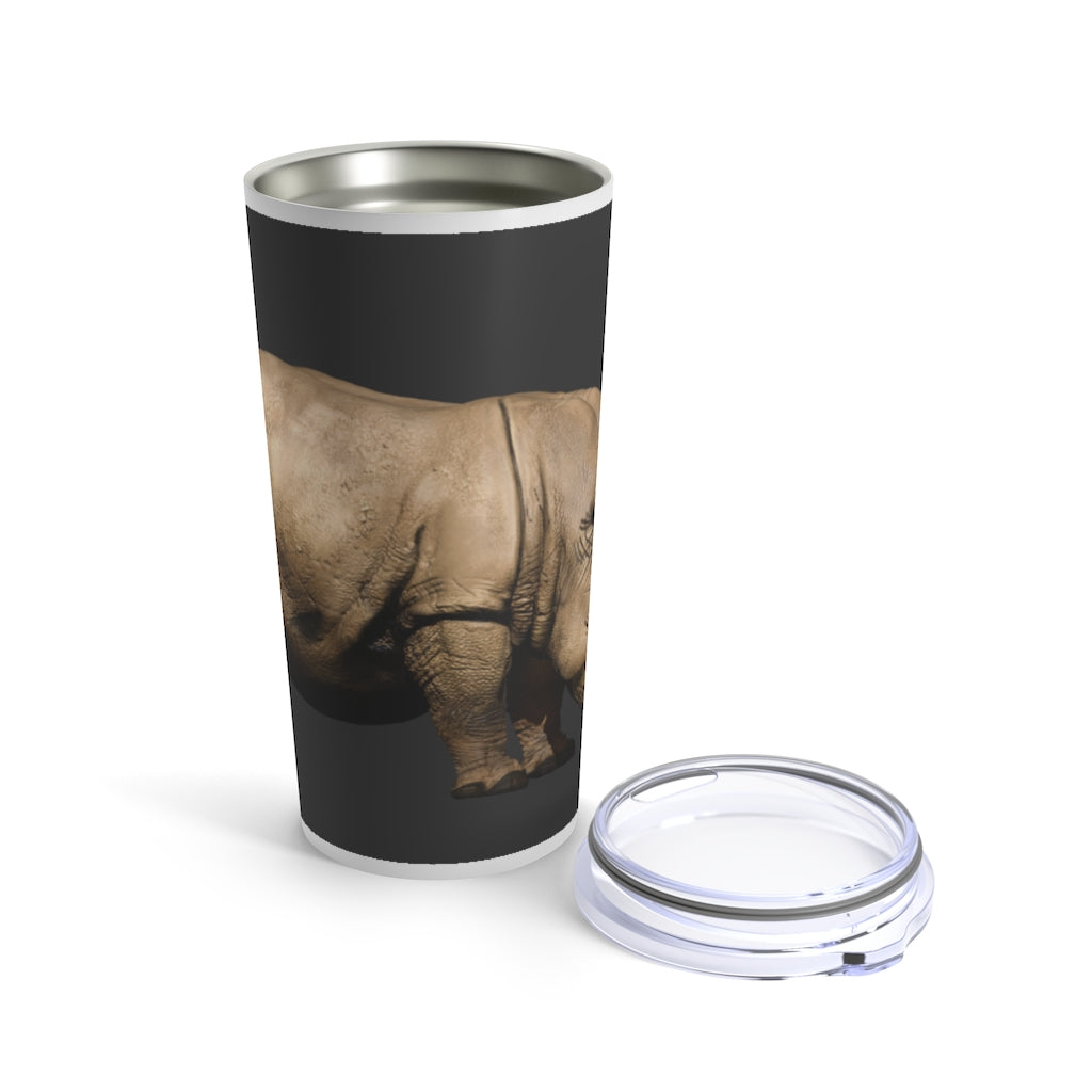 Rhino Tumbler 20oz in stainless steel with a see-thru plastic lid, showcasing its sleek design and rounded corners.