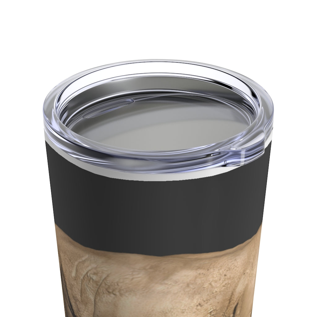 Rhino Tumbler 20oz in stainless steel with a see-thru plastic lid, showcasing its sleek design and rounded corners.