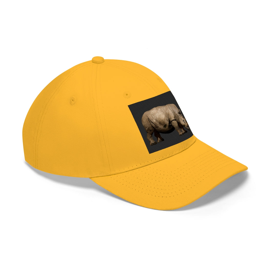 Rhino Unisex Twill Hat in solid color, showcasing its 6-panel structure and adjustable Velcro closure.