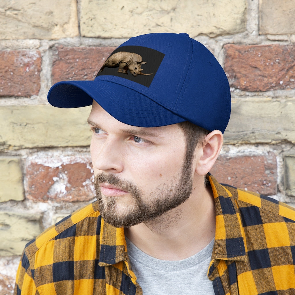 Rhino Unisex Twill Hat in solid color, showcasing its 6-panel structure and adjustable Velcro closure.