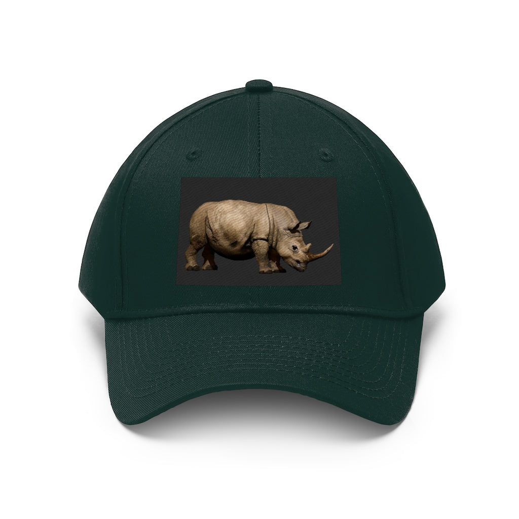 Rhino Unisex Twill Hat in solid color, showcasing its 6-panel structure and adjustable Velcro closure.