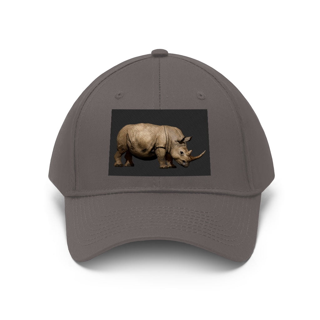 Rhino Unisex Twill Hat in solid color, showcasing its 6-panel structure and adjustable Velcro closure.