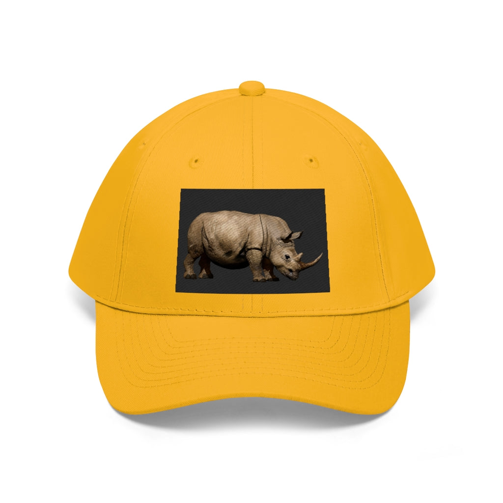 Rhino Unisex Twill Hat in solid color, showcasing its 6-panel structure and adjustable Velcro closure.