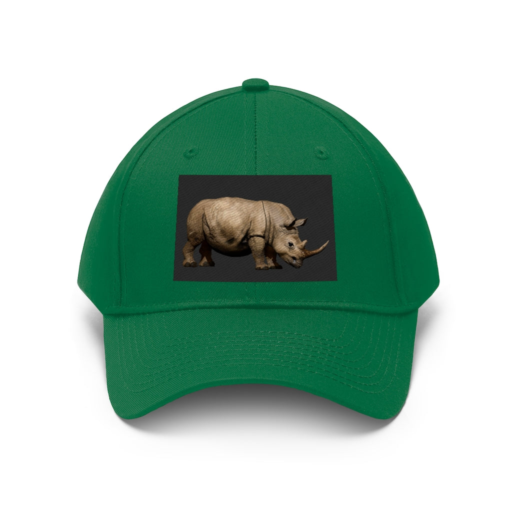 Rhino Unisex Twill Hat in solid color, showcasing its 6-panel structure and adjustable Velcro closure.