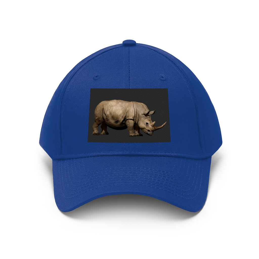 Rhino Unisex Twill Hat in solid color, showcasing its 6-panel structure and adjustable Velcro closure.