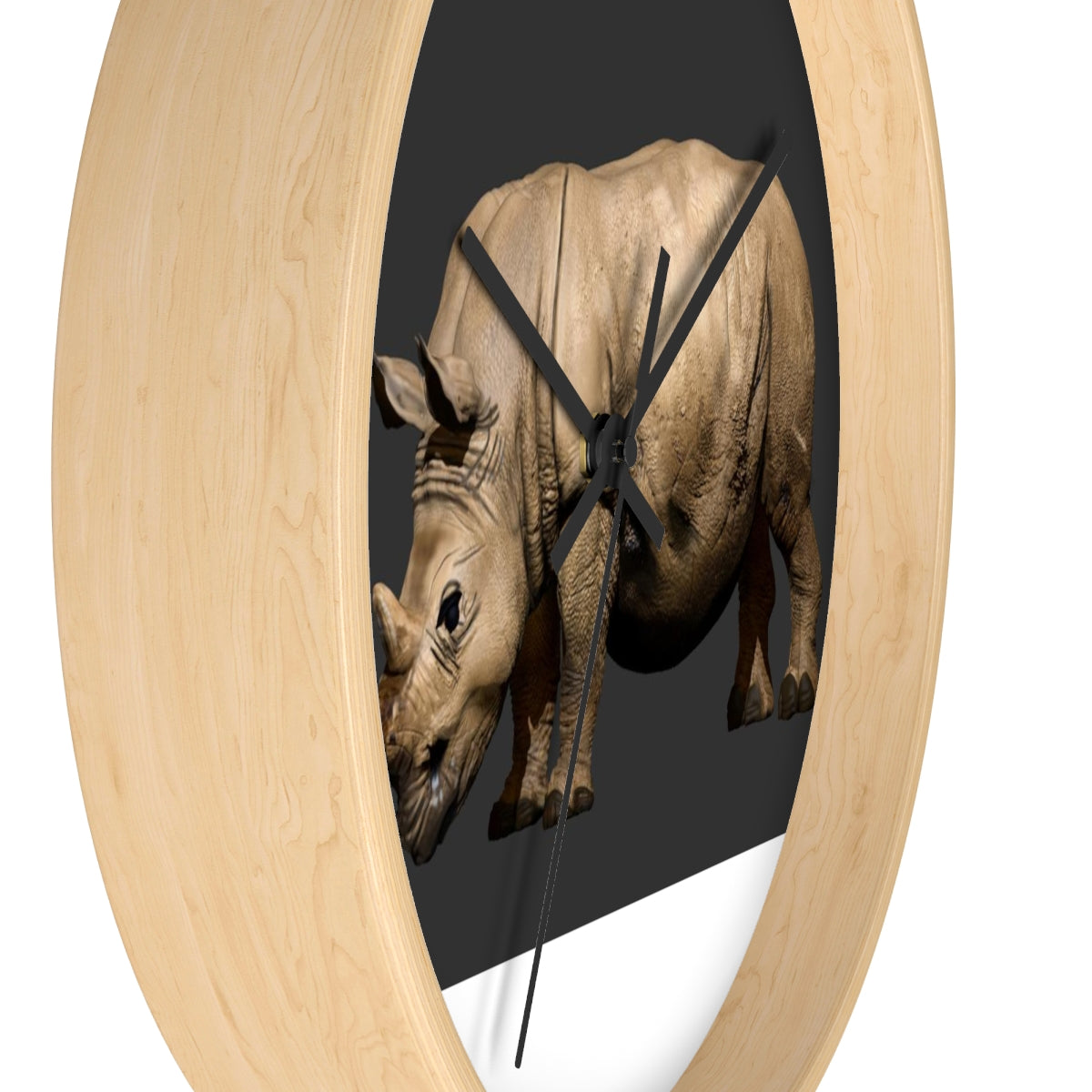 Rhino Wall Clock featuring a wooden frame and plexiglass face, showcasing a unique rhino design.