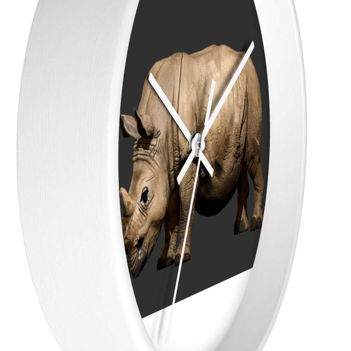 Rhino Wall Clock featuring a wooden frame and plexiglass face, showcasing a unique rhino design.