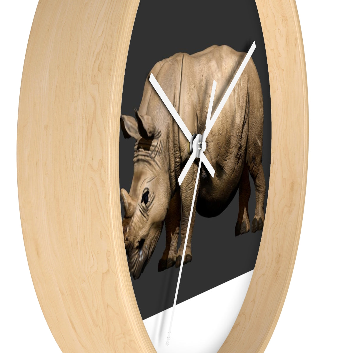 Rhino Wall Clock featuring a wooden frame and plexiglass face, showcasing a unique rhino design.