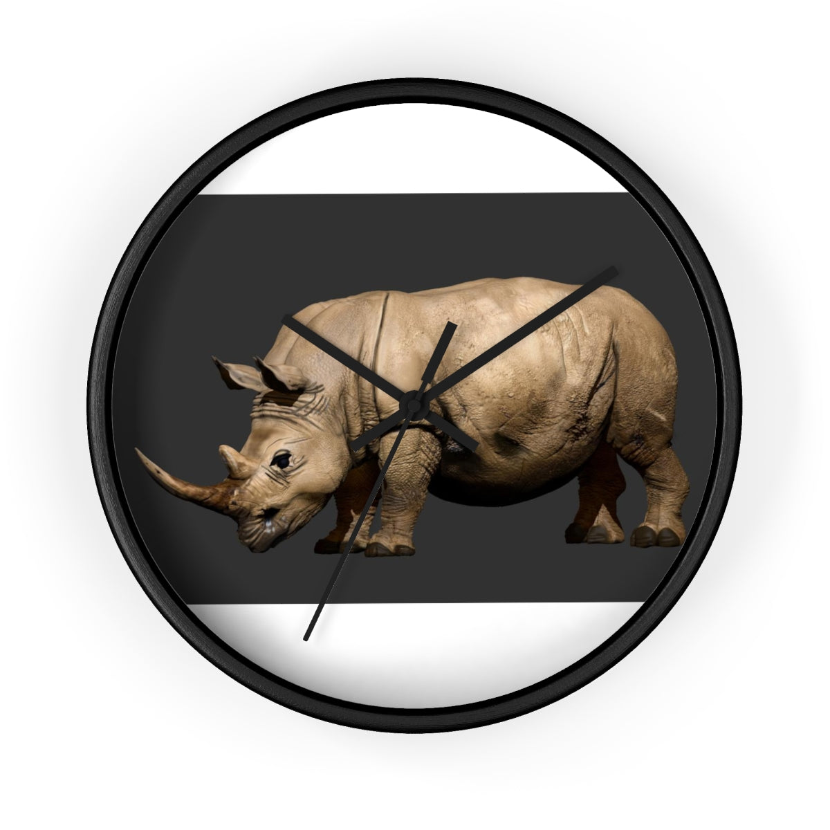 Rhino Wall Clock featuring a wooden frame and plexiglass face, showcasing a unique rhino design.