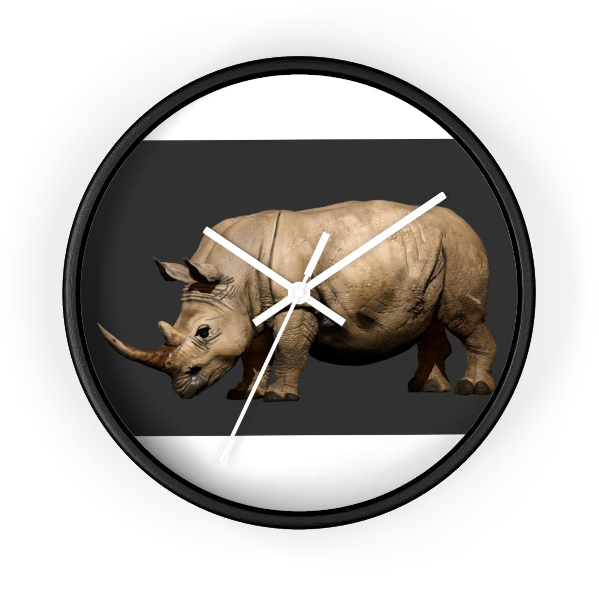 Rhino Wall Clock featuring a wooden frame and plexiglass face, showcasing a unique rhino design.