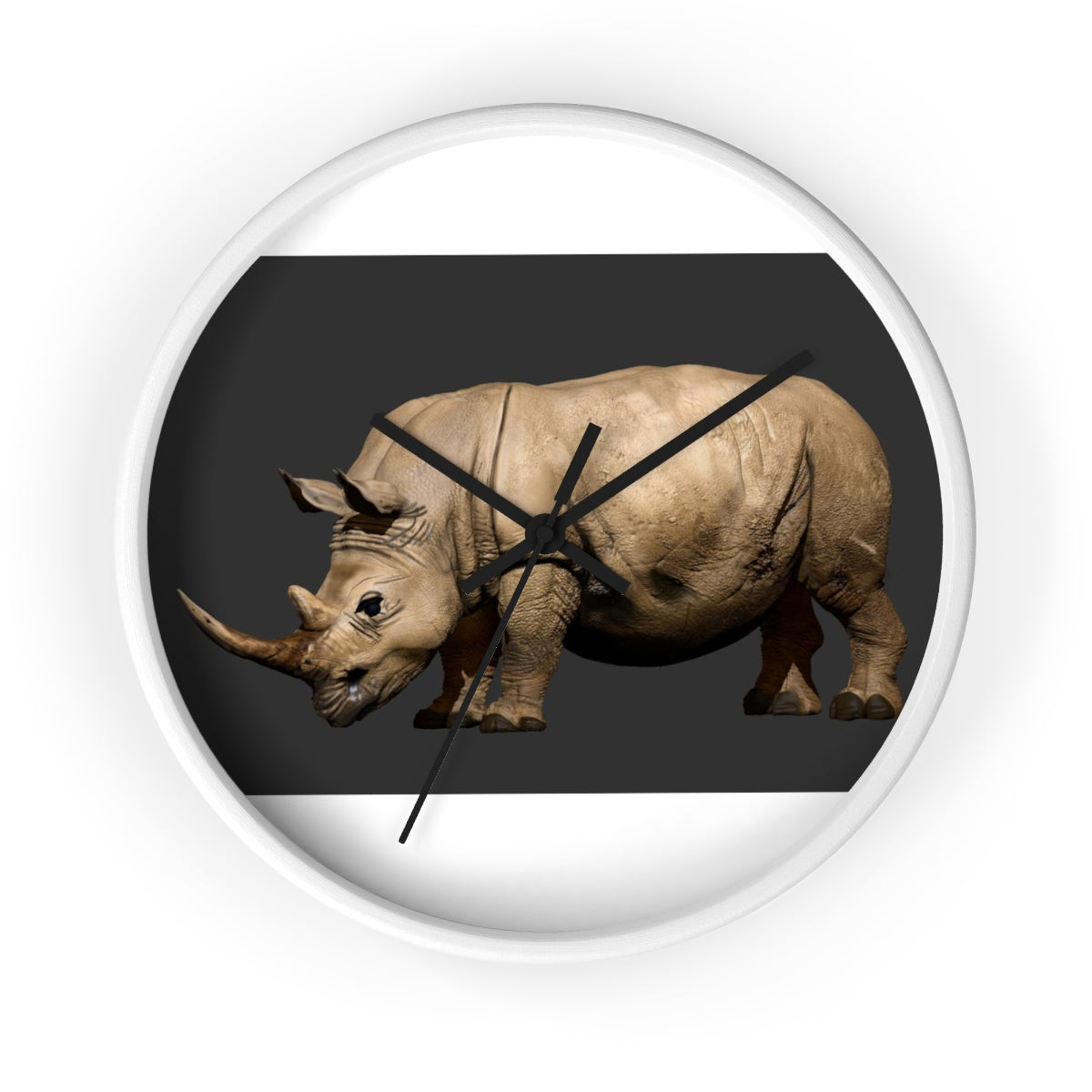 Rhino Wall Clock featuring a wooden frame and plexiglass face, showcasing a unique rhino design.