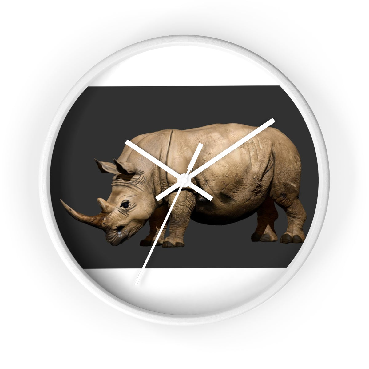 Rhino Wall Clock featuring a wooden frame and plexiglass face, showcasing a unique rhino design.