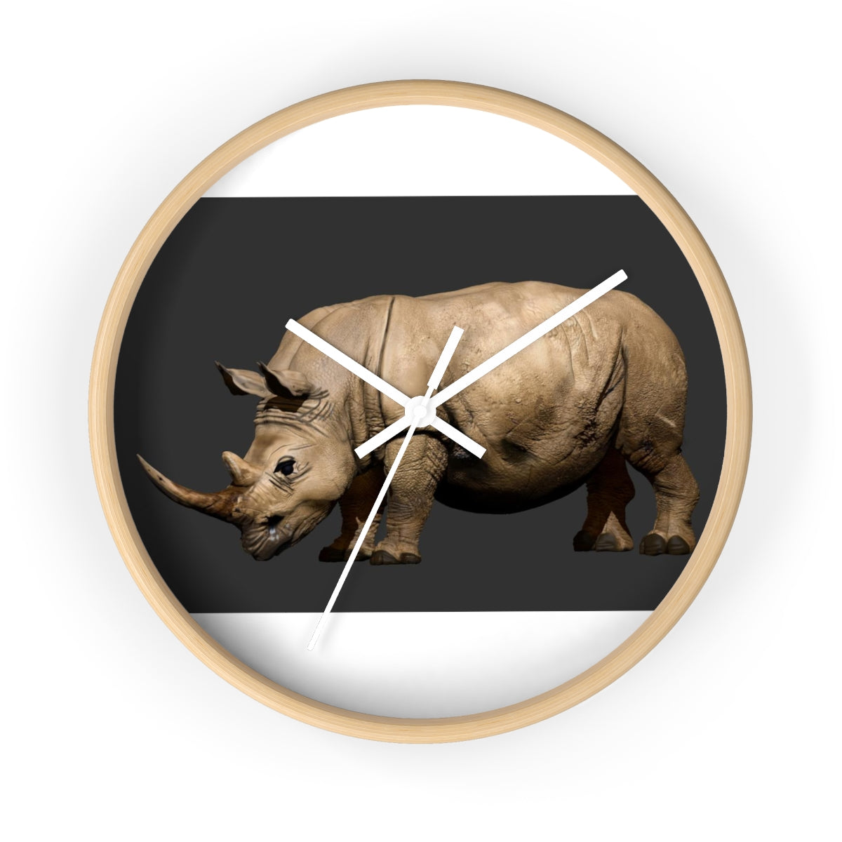 Rhino Wall Clock featuring a wooden frame and plexiglass face, showcasing a unique rhino design.