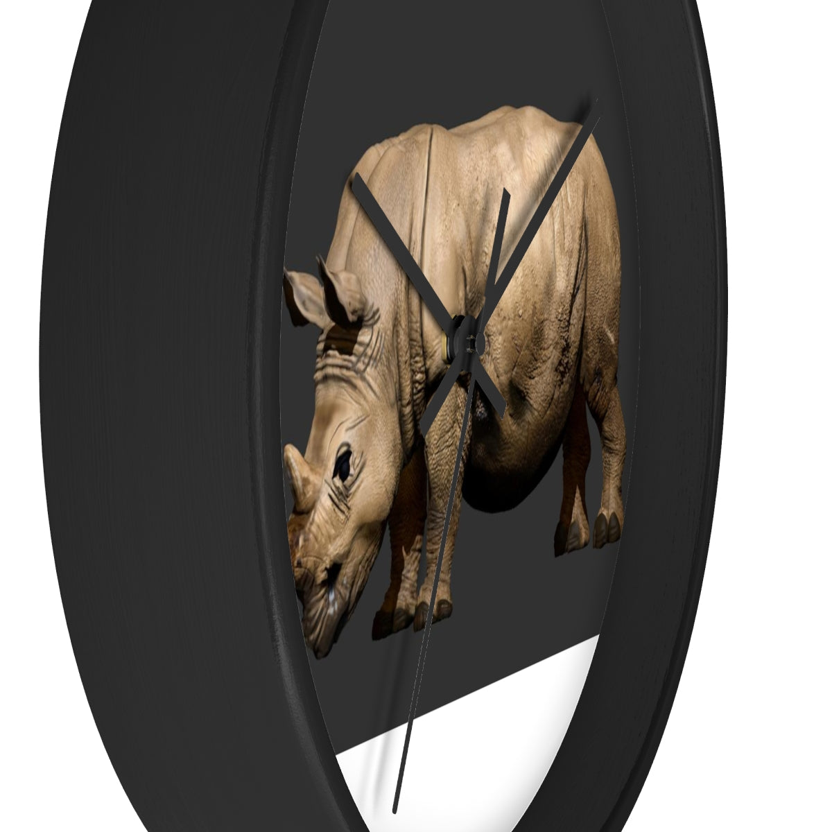 Rhino Wall Clock featuring a wooden frame and plexiglass face, showcasing a unique rhino design.