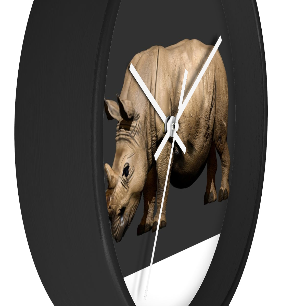 Rhino Wall Clock featuring a wooden frame and plexiglass face, showcasing a unique rhino design.