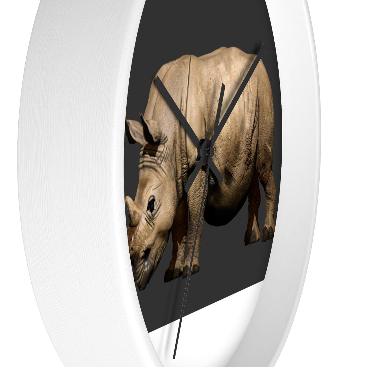 Rhino Wall Clock featuring a wooden frame and plexiglass face, showcasing a unique rhino design.