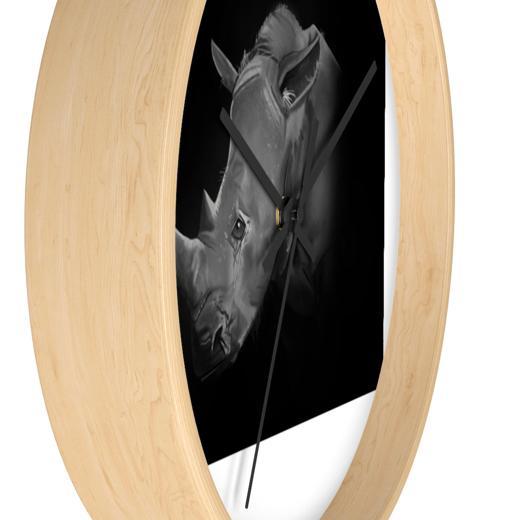 A stylish Rhino Wall Clock featuring a wooden frame and plexiglass face, showcasing a unique rhino design.