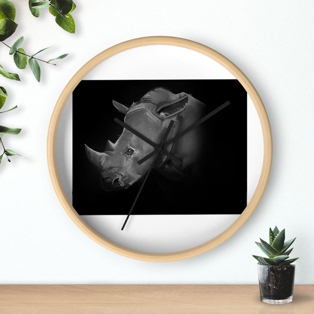 A stylish Rhino Wall Clock featuring a wooden frame and plexiglass face, showcasing a unique rhino design.