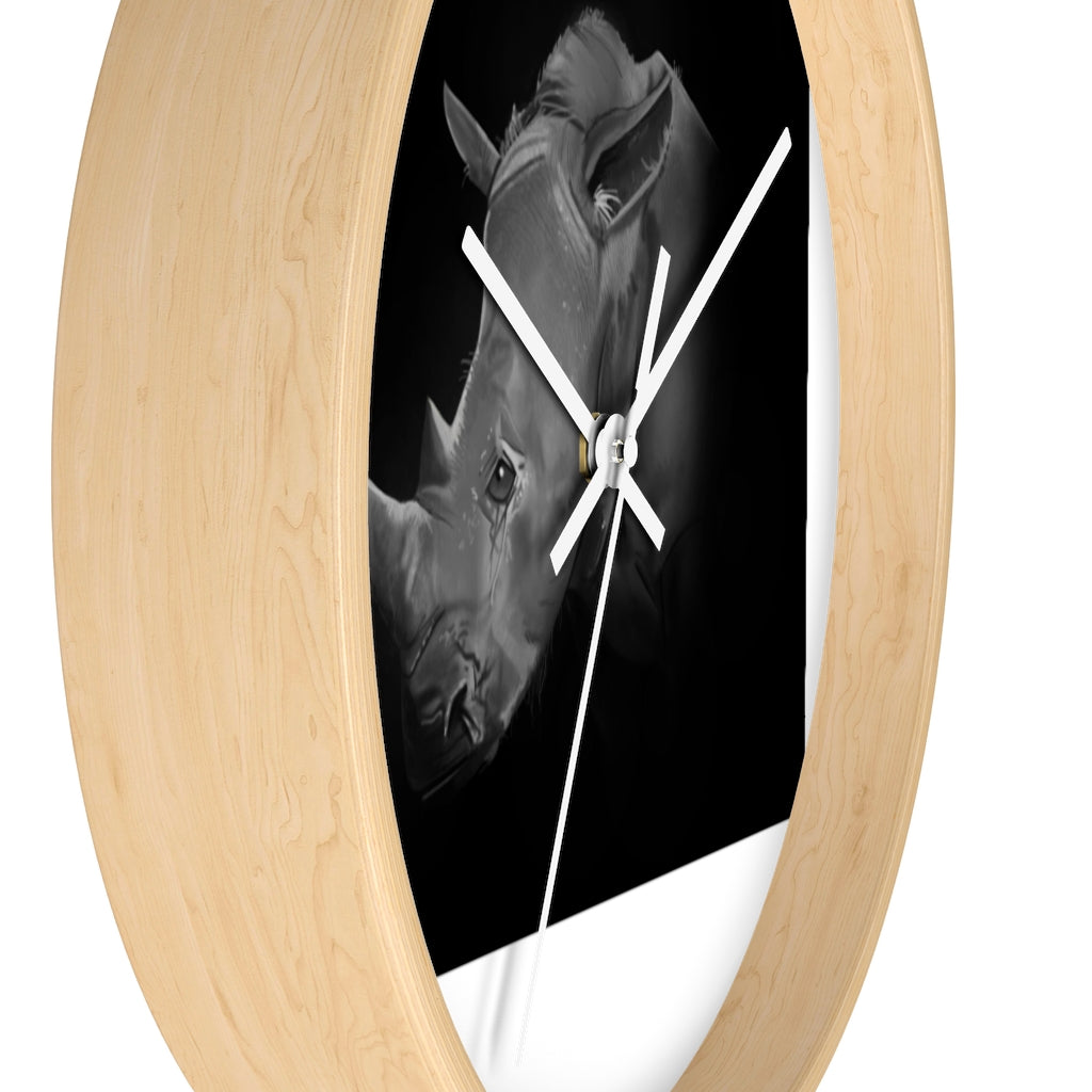 A stylish Rhino Wall Clock featuring a wooden frame and plexiglass face, showcasing a unique rhino design.