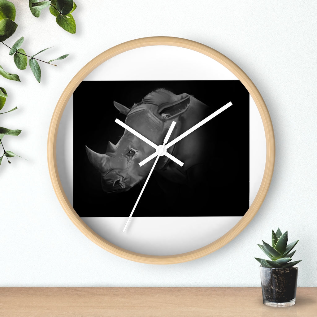 A stylish Rhino Wall Clock featuring a wooden frame and plexiglass face, showcasing a unique rhino design.