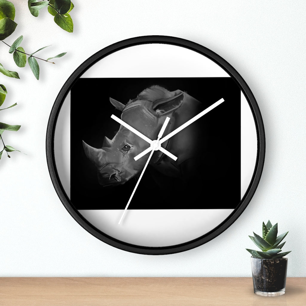 A stylish Rhino Wall Clock featuring a wooden frame and plexiglass face, showcasing a unique rhino design.