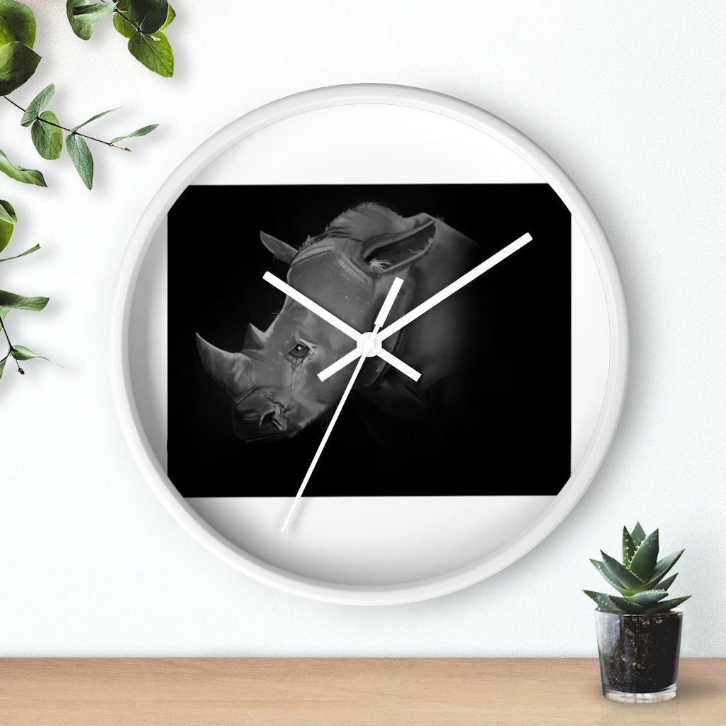 A stylish Rhino Wall Clock featuring a wooden frame and plexiglass face, showcasing a unique rhino design.